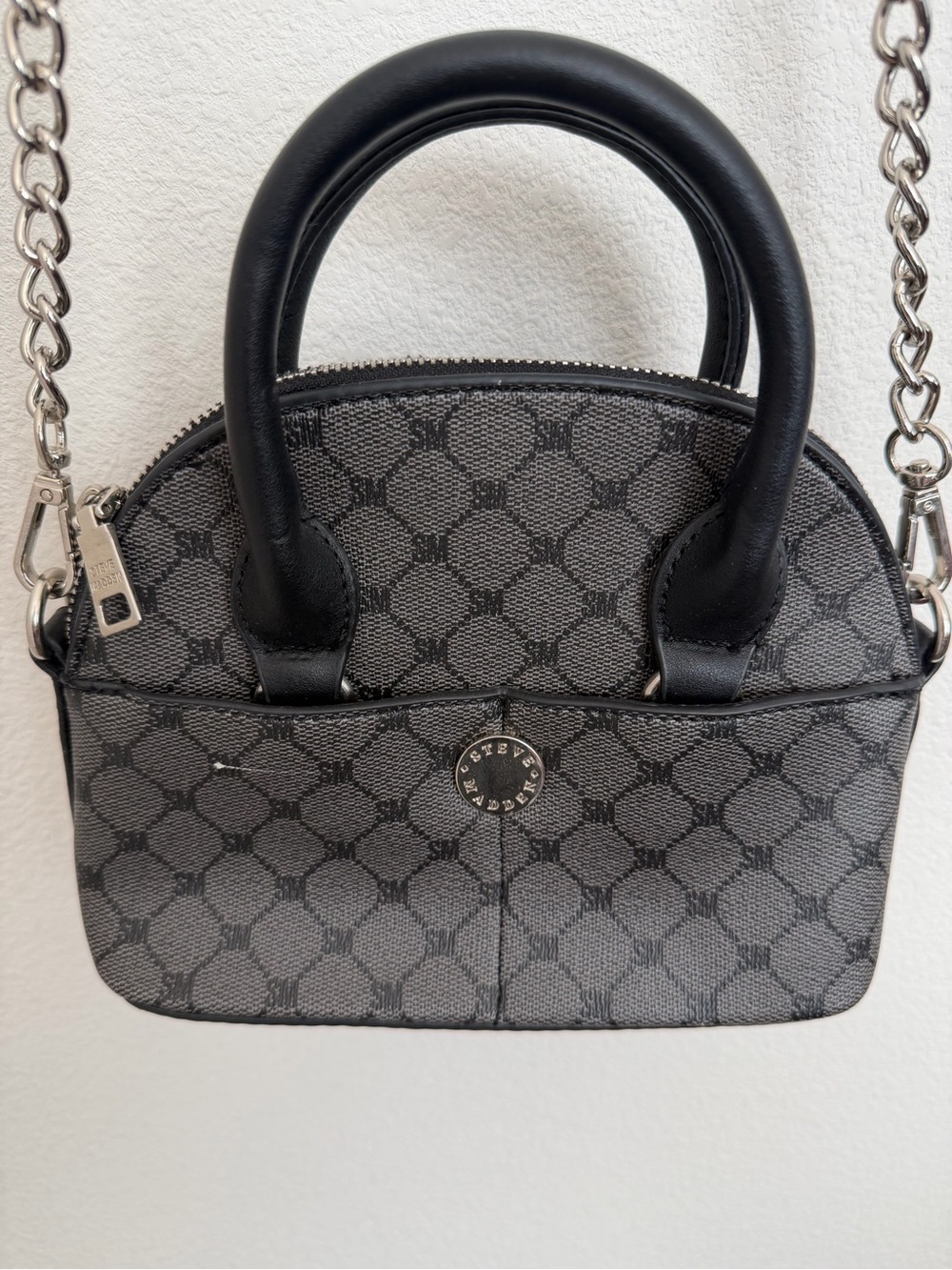 Steve Madden Black & Grey Monogram Mini Dome Satchel / Crossbody Bag